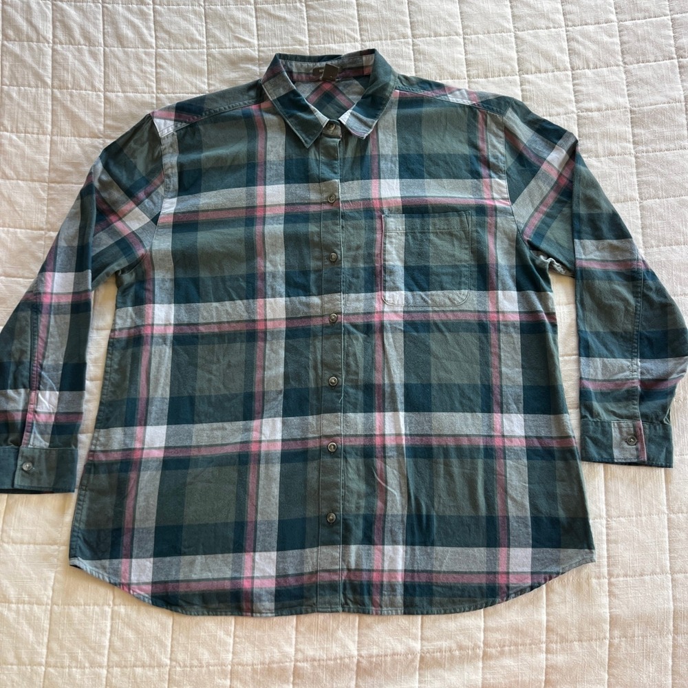 Eddie Bauer Flannel Shirt Womens XL Green Pink Plaid Boyfriend Fit Casual Top